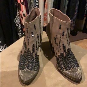 Donald J. Pliner suede booties w/bead & stone toe.